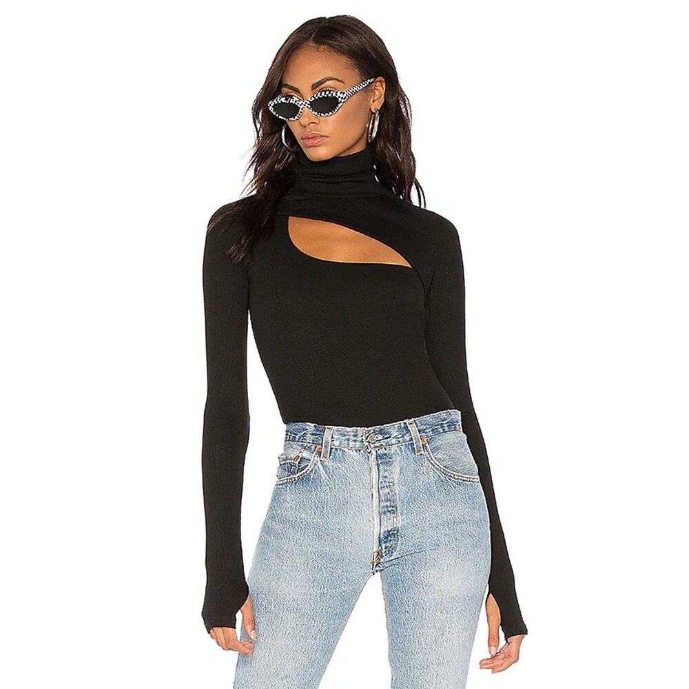 Alix NYC Sz M Carder Cut Out Turtleneck Ribbed Bodysuit in Black